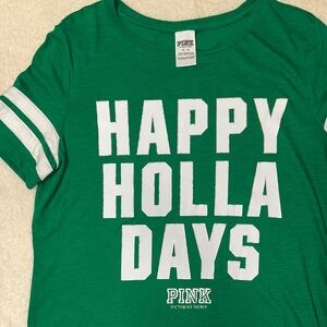 PINK Victoria's Secret Festive Green Tee Happy Holla Days